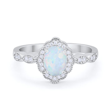 Halo Art Deco Oval Engagement Bridal Ring Lab Created White Opal 925 Sterling Silver